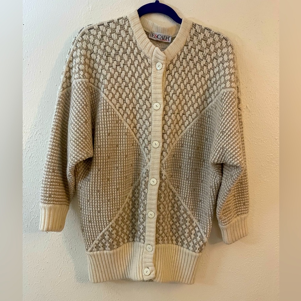 ESCADA Vintage mohair wool tan & cream crochet knit long button cardigan sweater